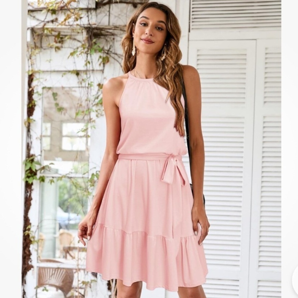 Halter‎ Neck Mini Dress Womens Small Pink Tiered Ruffle Belted Coquette Romantic